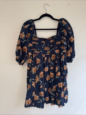 Abercrombie & Fitch Navy Floral Puff-Sleeve Mini Dress